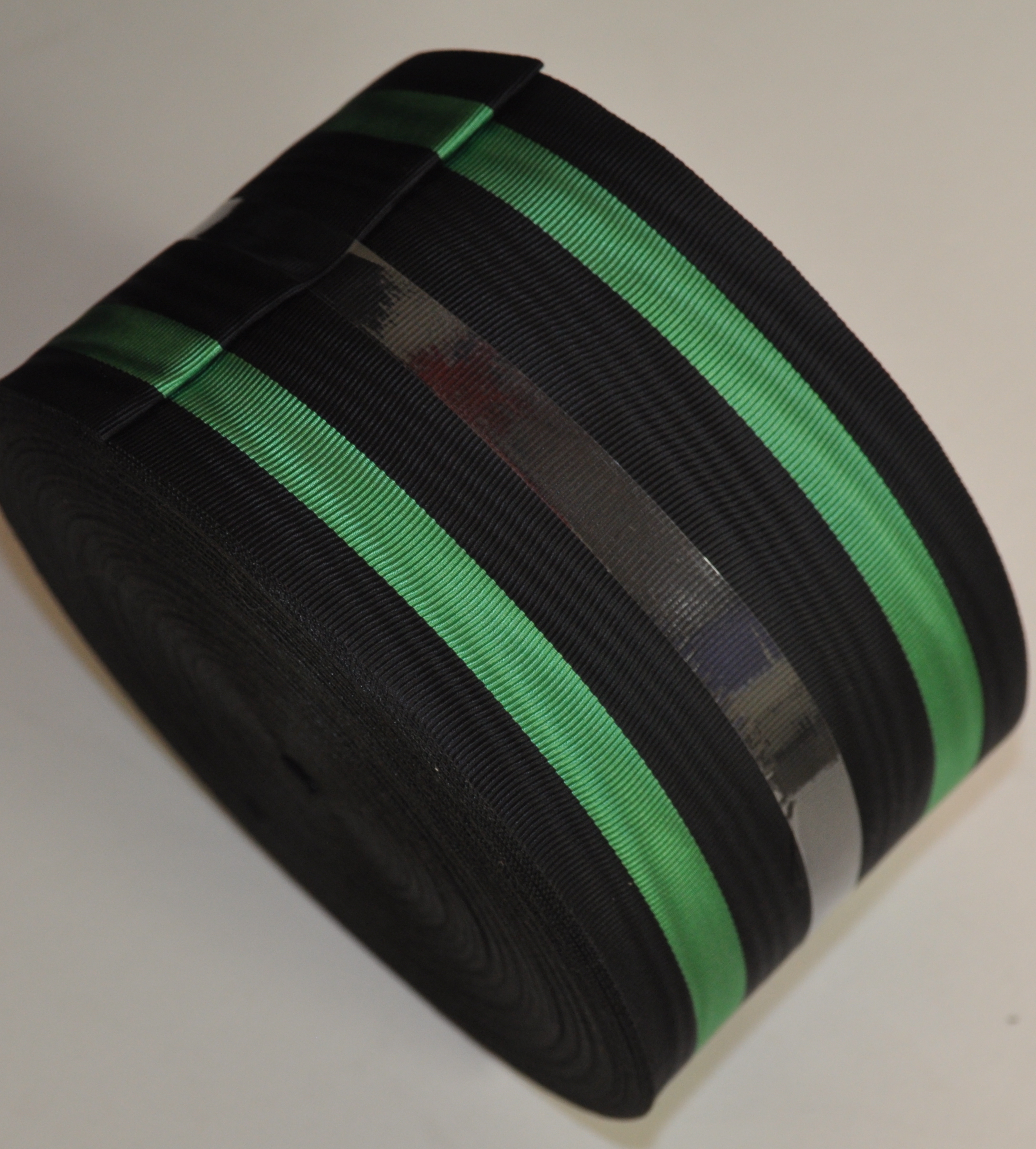Black Ribbon with 2 Thick Green Bands - watermarked - 100mm (per meter)